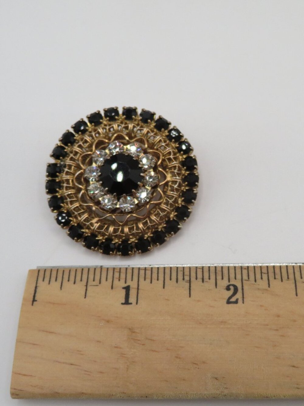 Vintage Black White Rhinestone Circle Brooch - Picture 6 of 6